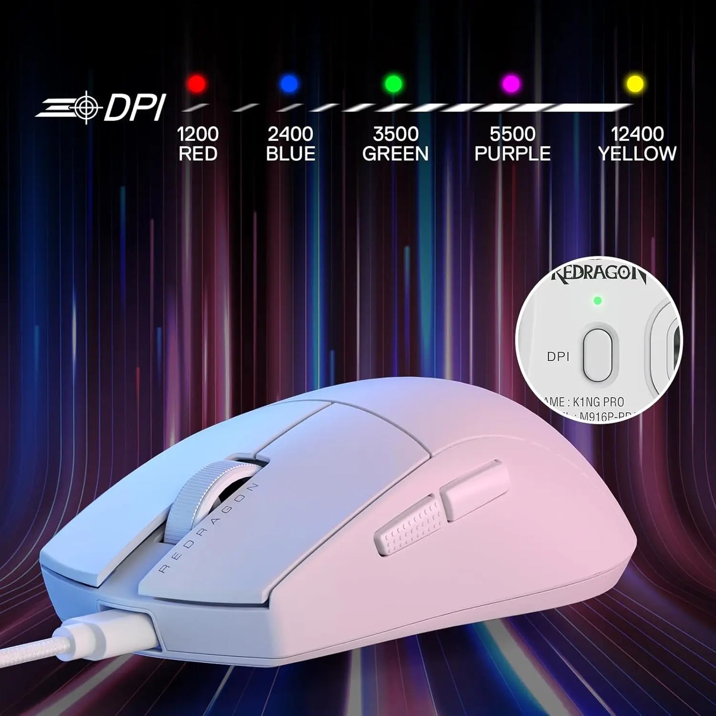 Mouse gaming cablato Redragon M724 42G ultraleggero, ottico, 12,400 DPI max, 5 pulsanti programmabili