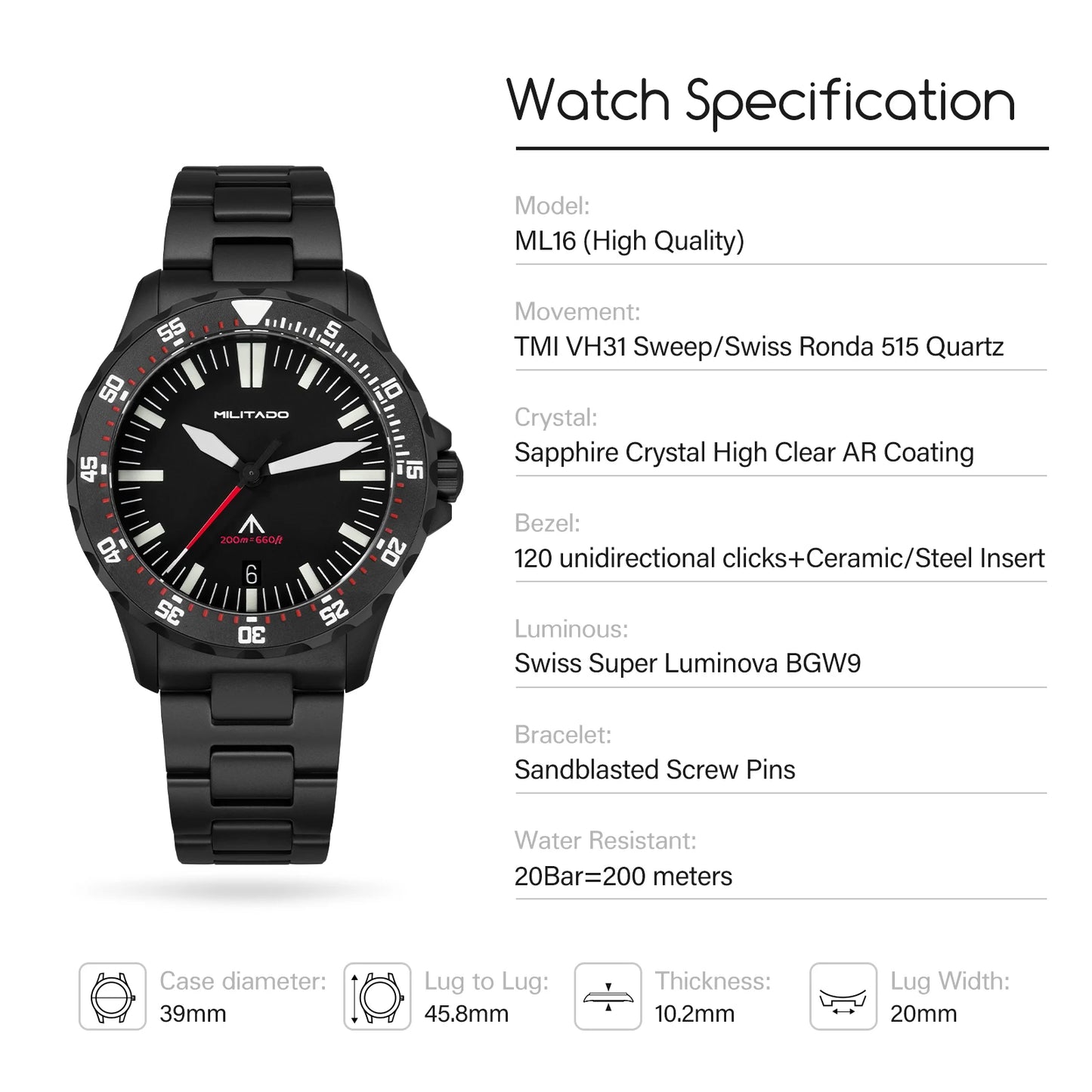 Militado Ml16 PVD Black Quartz Wrist Watches VH31/Ronda 515 39Mm Retro Watch Sapphire Luminous BGW9 200M Waterproof Dive Watch