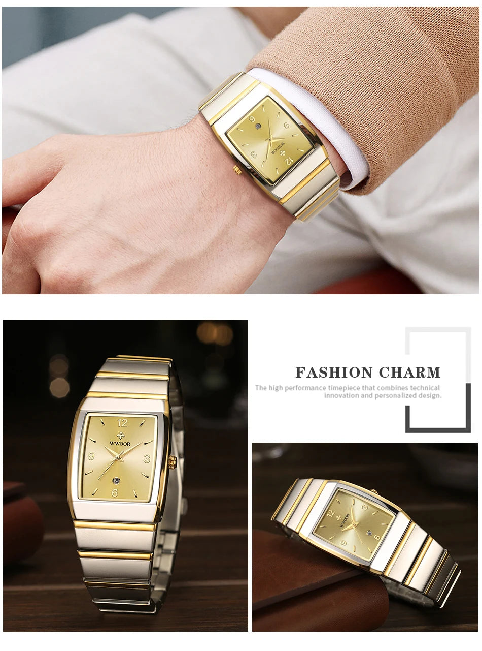 Relogio Masculino WWOOR New Man's Square Watch For Men with Automatic Date Luxury Stainless Steel Gold Mens Quartz Wrist Watches