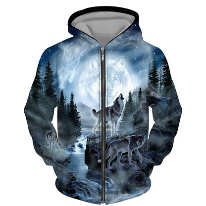 Sweat à capuz com fecho e estampado 3D de lobo, estilo streetwear, para homem/mulher, casaco com capuz unissexo casual hip-hop