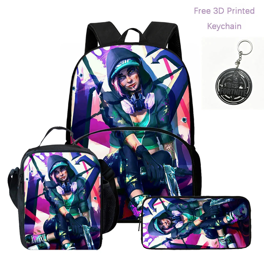 Zaino FORTNITE leggero 3 pezzi con tasca frontale, borsa pranzo, astuccio e portachiavi 3D stampato gratuito per bambini e bambine dai 5 ai 10 anni
