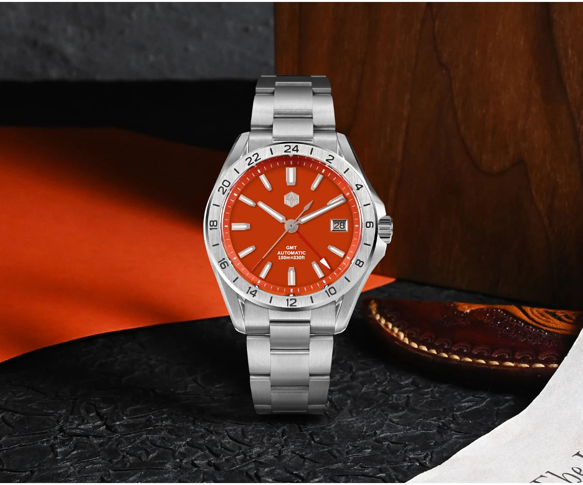 Relógio de Luxo para Homem San Martin 39mm com Mostrador em Pedra Aventurina, NH34 GMT Automático Mecânico, Safira, Impermeável e Luminescente SN0129