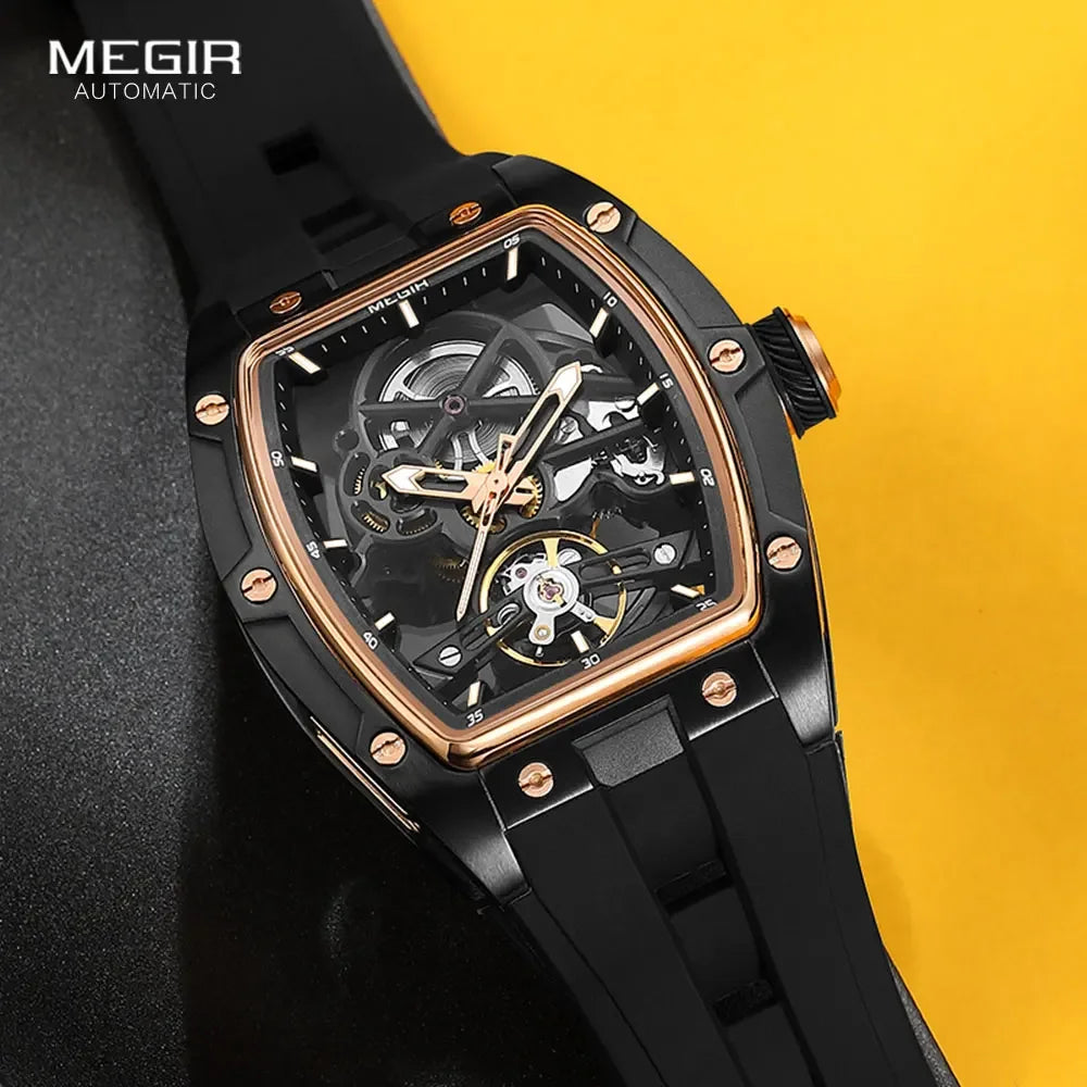 Relógio de pulso automático MEGIR para homem, com bracelete em silicone preto, impermeável, luminoso, desportivo e mecânico, com mostrador tonneau 2242
