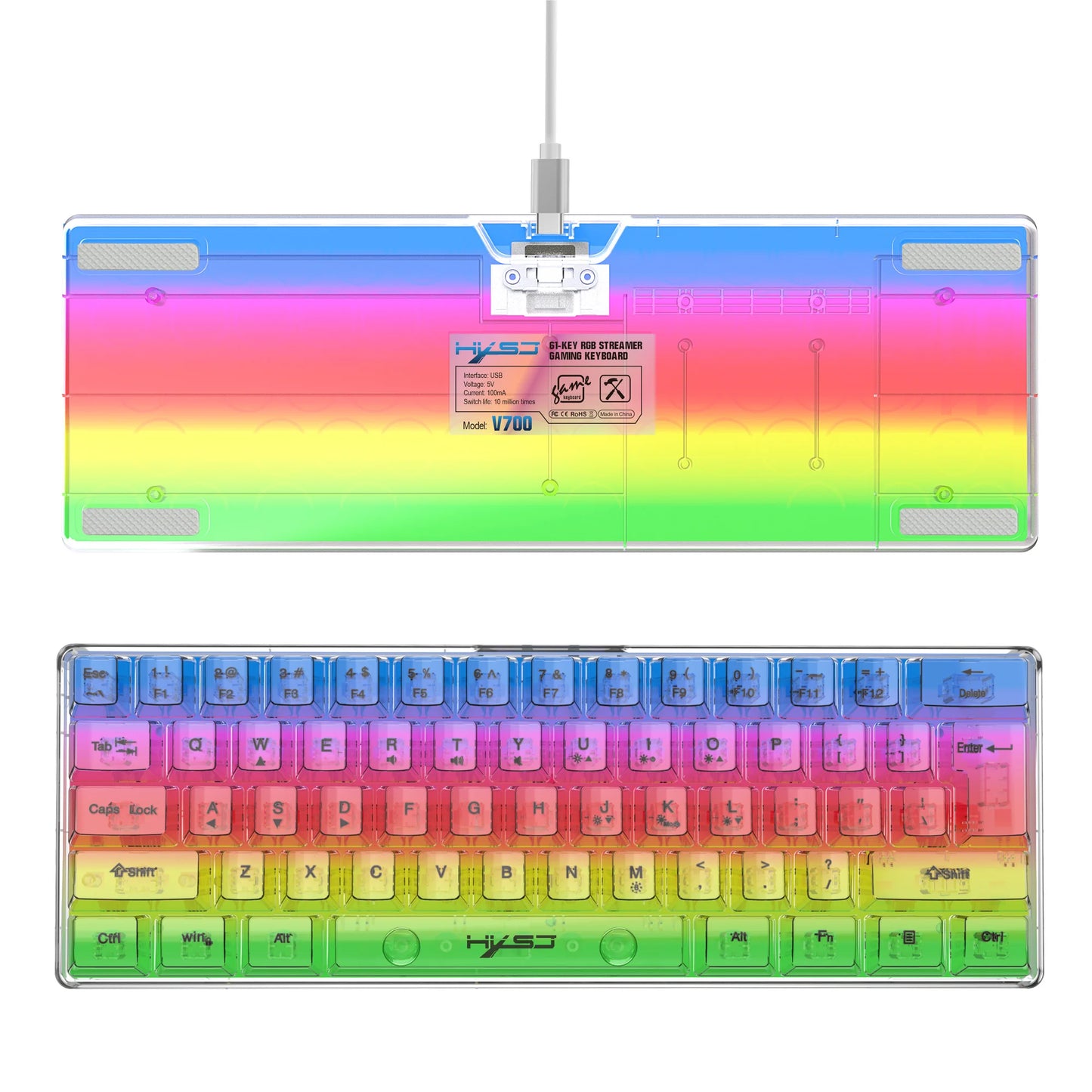 Tastiera gaming trasparente cablata HXSJ 60%, retroilluminazione RGB, ultra-compatta, impermeabile, 61 tasti, per PC/Mac