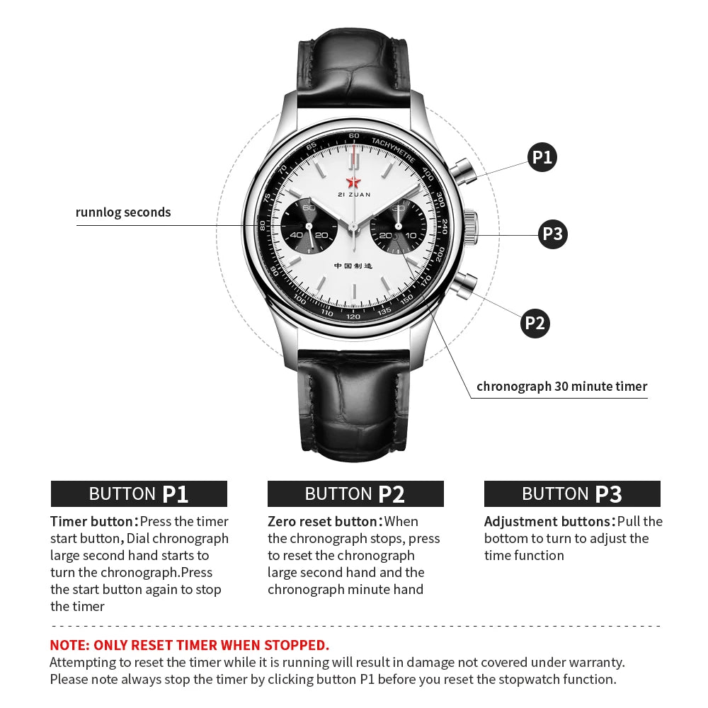 Red Star Panda Men's 1963 Chronograph Mechanical Wristwatch Seagull ST1901 Movement Gooseneck 40mm Luminous Sapphire Pilot Watch