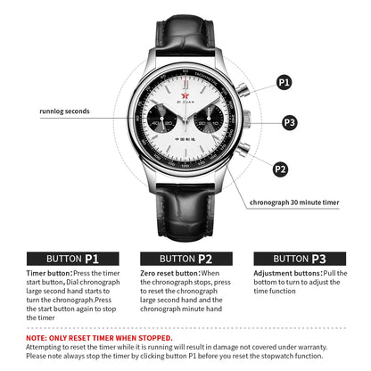 Red Star Panda Men's 1963 Chronograph Mechanical Wristwatch Seagull ST1901 Movement Gooseneck 40mm Luminous Sapphire Pilot Watch