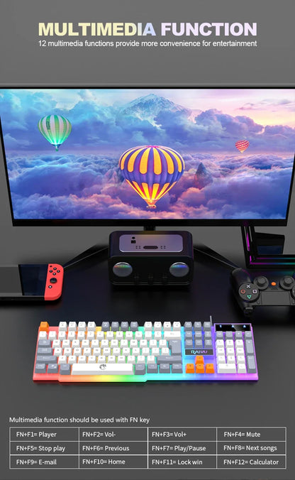 Teclado individual e conjunto teclado + rato RAIKU T26 de três tons com iluminação, teclado e rato com fios, toque mecânico, conjunto gaming