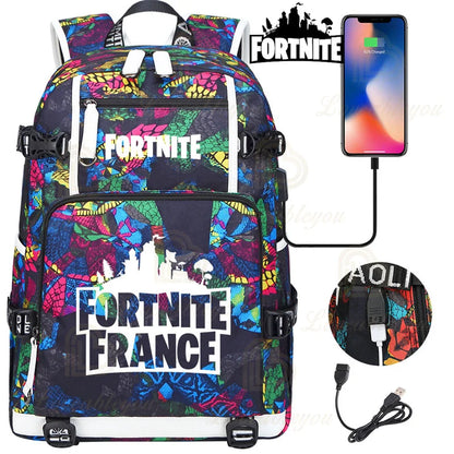 Mochila Yule Trooper F-Fortnited Battle Royale com carregamento USB, figuras anime e compartimento para material escolar para estudantes
