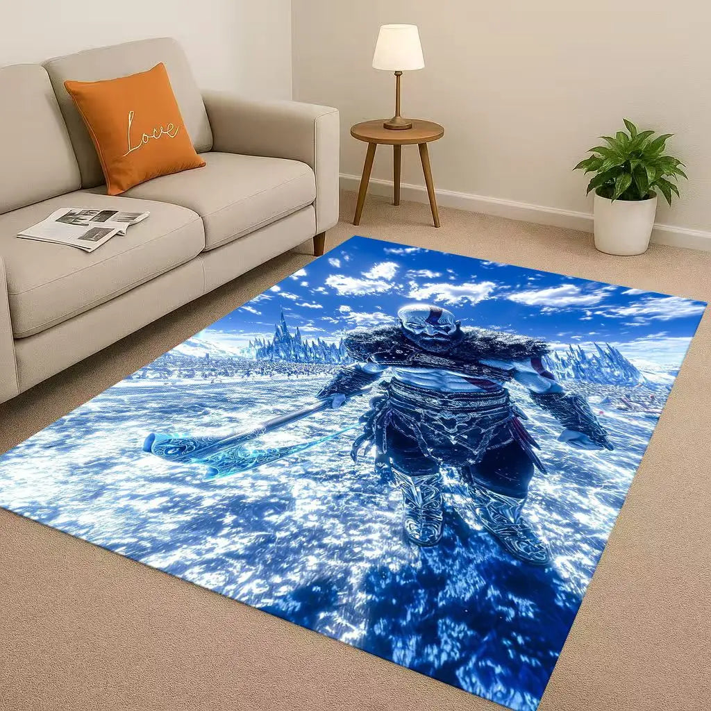 Game God of War Kratos Cartoon Gamer Living Room Non-Slip Area Rug Soft Carpet for Bedroom Playroom Sofa,Easy Clean Home Doormat