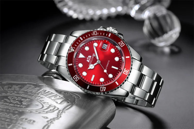 High Quality Automatic Mechanical Watch for Men Stainless Steel Red Dial Date Strong Luminous Luxury Men's Watch