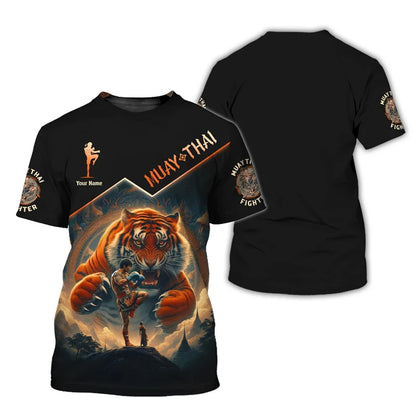 Cool nieuw Muay Thai grafisch T-shirt voor heren, 3D-print met tijger- en drakendesign, persoonlijk T-shirt met aangepaste naam, zomer-, gym- en fitness-T-shirt