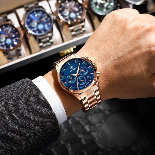 Reloj de pulsera de lujo para hombre POEDAGAR, estilo militar, resistente al agua, luminiscente, cronógrafo, de acero inoxidable, de cuarzo, con estuche.