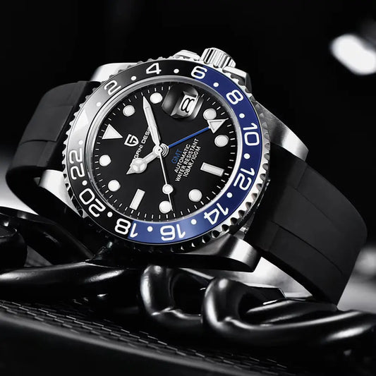 PAGANI DESIGN 40mm GMT Men's Mechanical Watches Rubber Strap Rotating Bezel 100 Waterproof Sports Wristwatch Mens Business Clock