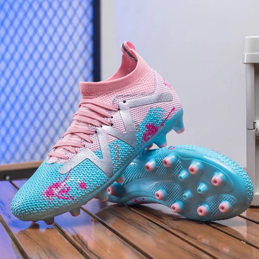 AG/FG Long Studs Soccer Shoes, PU Fabric Mixed Upper, TPU Sole Wear-Resistant Anti-Slip, Men Women Kids Youth Outdoor Sports