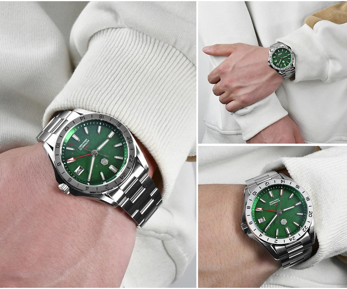 Relógio de Luxo para Homem San Martin 39mm com Mostrador em Pedra Aventurina, NH34 GMT Automático Mecânico, Safira, Impermeável e Luminescente SN0129