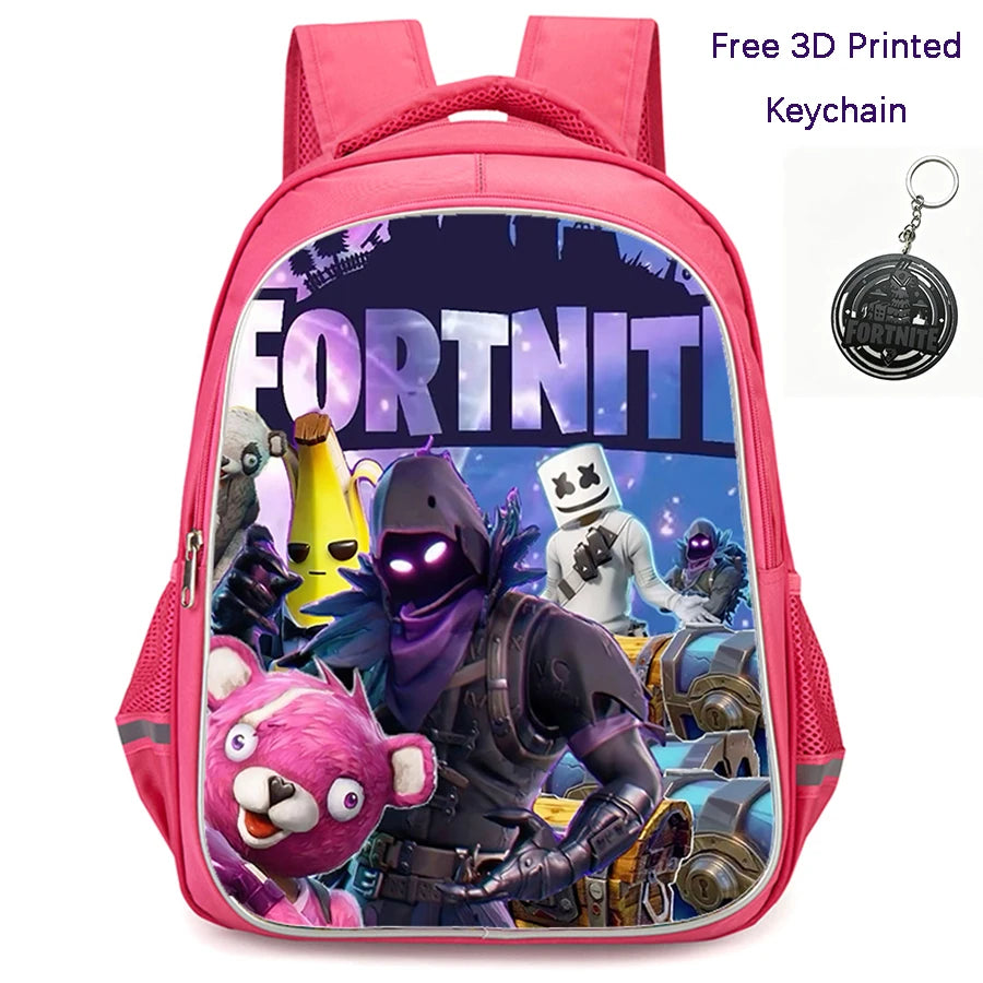 FORTNITE 16-inch Durable Lightweight Backpack, Dual Zipper Pockets, Cartoon Style for Boys & Girls Ages 6-10, Free 3D Printed Keychain