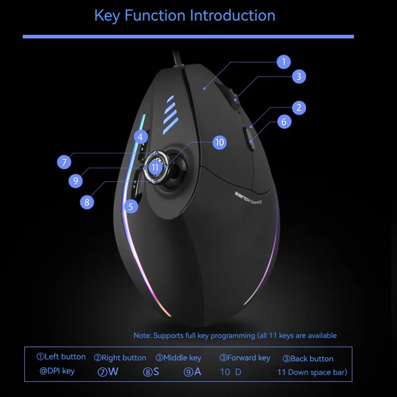Mouse verticale ZELOTES C-18, mouse ottico RGB a 11 tasti con joystick, mouse gaming laser programmabile per PC e gamer