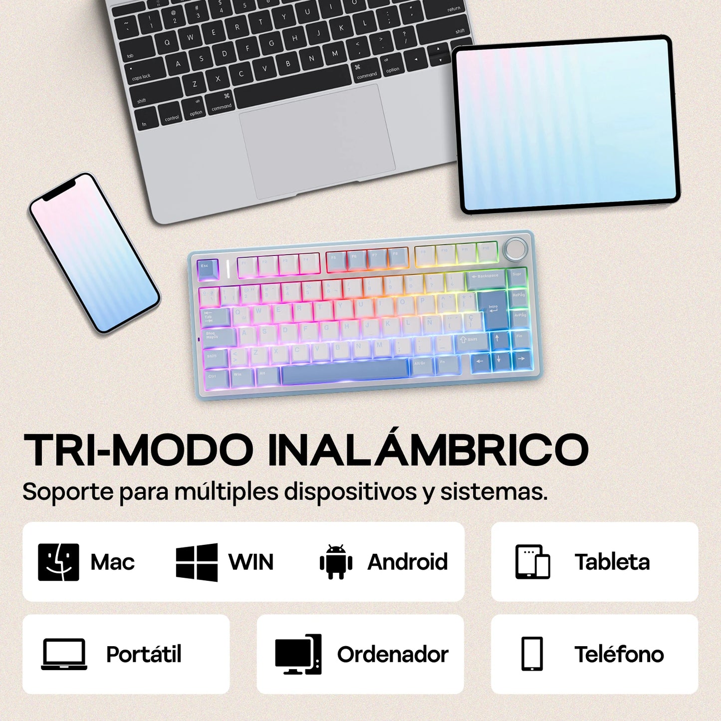 EPOMAKER AULA F75 ISO-ES 75% Spanische QWERTY Hot-Swap, Gasket-Mounted, kabelgebundene/Bluetooth/2.4GHz kabellose mechanische Gaming-Tastatur mit RGB-Hintergrundbeleuchtung