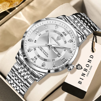 BINBOND luxury quartz wristwatch for men – Water-resistant, luminous, with day-of-the-week display – Business, sport, fashion and casual styles