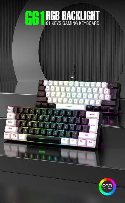 Wasserdichte mechanische 61-Tasten-Tastatur mit Kabel in Weiß, mit schwarzen und blauen Switches, RGB-beleuchtet – Gaming- und Office-Set, PUBG Gamer Backlit