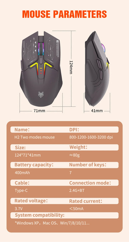 Rato XUNSVFOX H2 sem fios Bluetooth de modo duplo, iluminação RGB, para portátil, gaming e escritório, com carregamento magnético