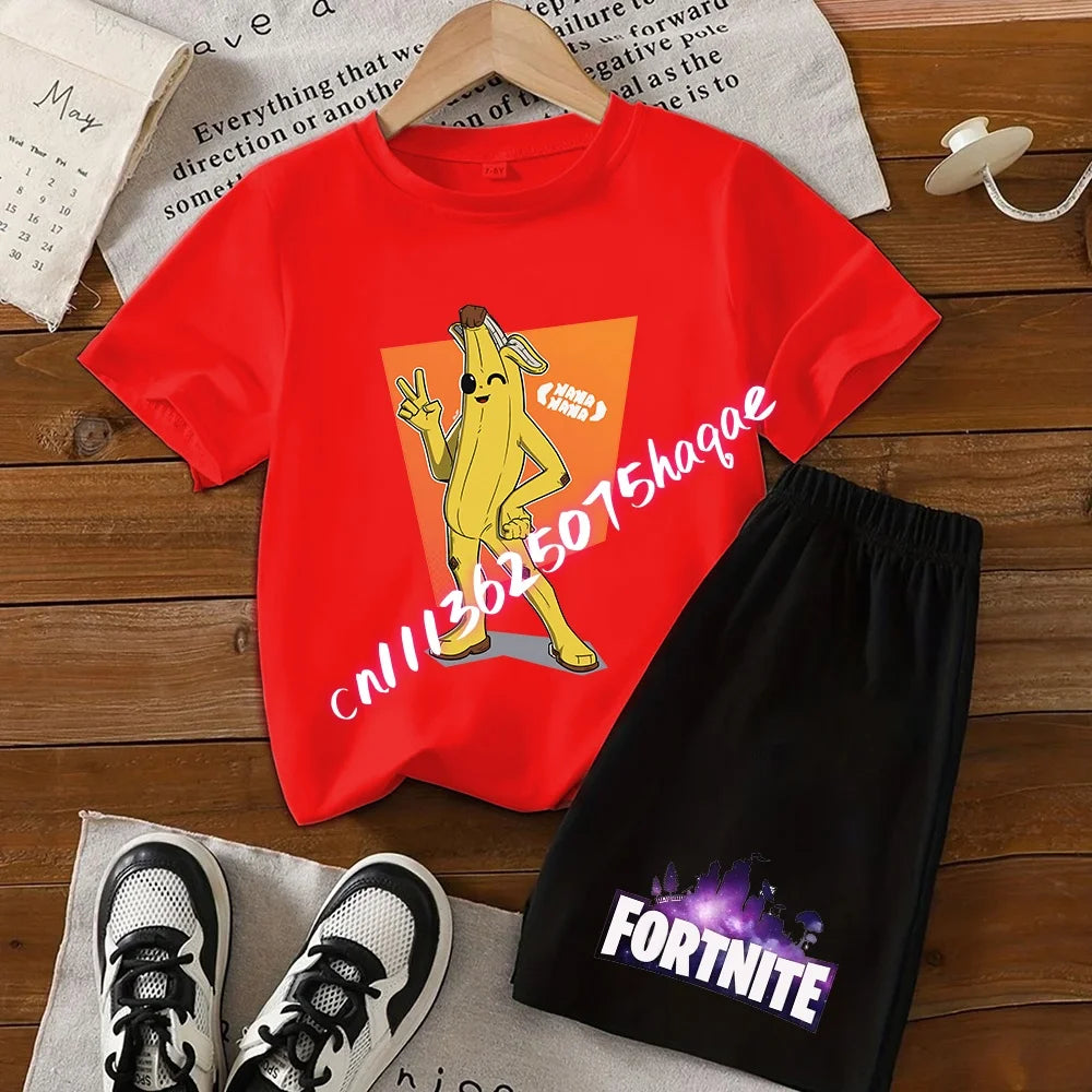Conjunto de T-shirt e calções Fortnite Series para criança, top e calças inspirados em jogo popular, outfit de verão para casa, confortável e adorável, presente de aniversário