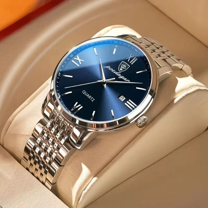 Montre homme POEDAGAR Business Quartz, acier inoxydable, étanche, date lumineuse, montre-bracelet de luxe décontractée pour homme