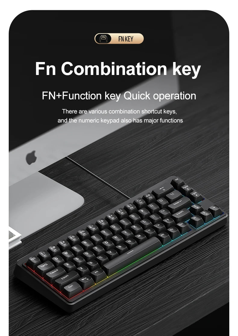FREEWOLF M68SE Teclado Mini com Fio de 68 Teclas, Retroiluminação RGB, Type-C, Layout 68%, Compacto para Gaming, Escritório, PC e Portátil