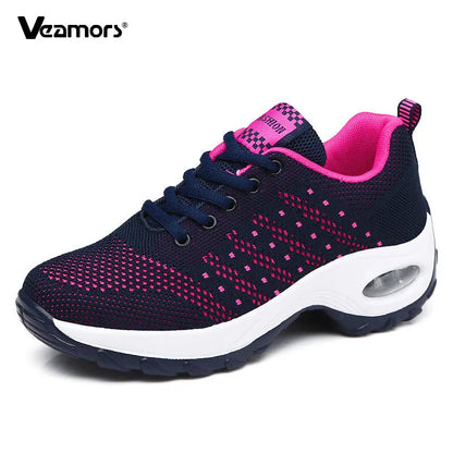 Ténis de moda para mulher, leves, para corrida, para desportos ao ar livre, em malha respirável, confortáveis, com almofada de ar e com atacadores