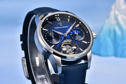 PAGANI DESIGN – Luxusné mechanické pánske hodinky, 41 mm, zafírové sklo, kožený remienok, vodotesné, v štýle pilotných hodín, s tourbillonom a fázou mesiaca