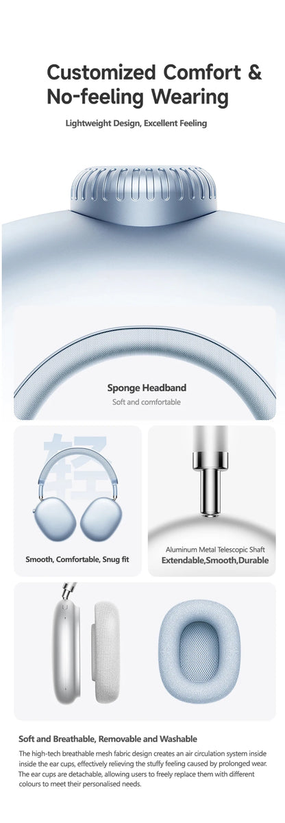 Auscultadores Sem Fios Picun F8MAX ANC com Cancelamento Ativo de Ruído Híbrido de 59dB, Áudio Espacial, Bluetooth 6.0, Over Ear, 180H