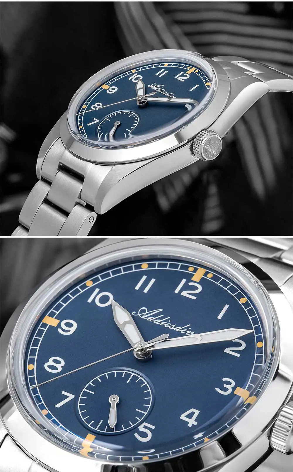 ADDIESDIVE 36mm Herren-Quarzuhr VH60 mit BGW9-Leuchtbeschichtung, Bubble-Mirror-Topfdeckelglas, 10Bar wasserdicht, Edelstahl-Uhr