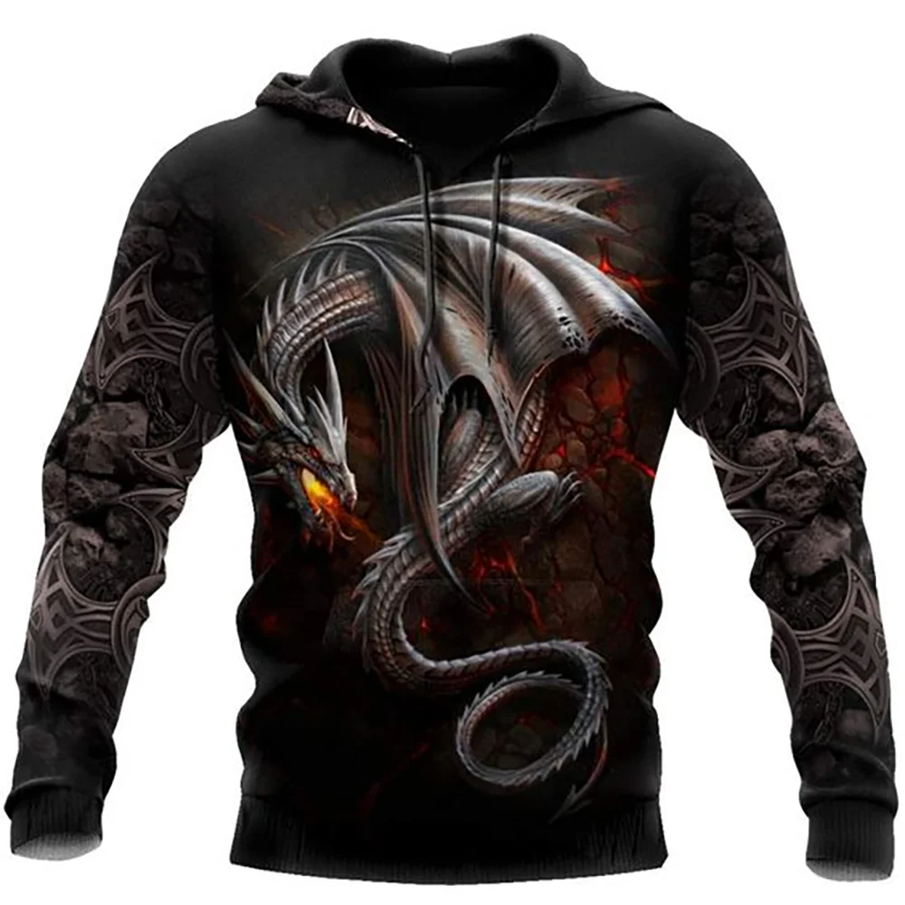 Sweatshirt com capuz para homem, unissexo, de manga comprida, outono/inverno, com estampado 3D de dragão e estilo tatuagem, pullover streetwear casual tipo fato de treino