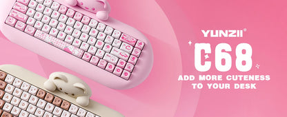 YUNZII C68 Pink 65% Hi-Fi Cute Cat Silicone Hot Swap NKRO Ergonomic Wireless BT5.0/2.4G/Wired RGB Mechanical Gaming Keyboard