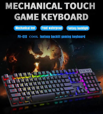 Teclado con cable de 104 teclas con retroiluminación RGB y efecto de respiración, set ergonómico de teclado y ratón gaming para ordenador, portátil, gamer y oficina