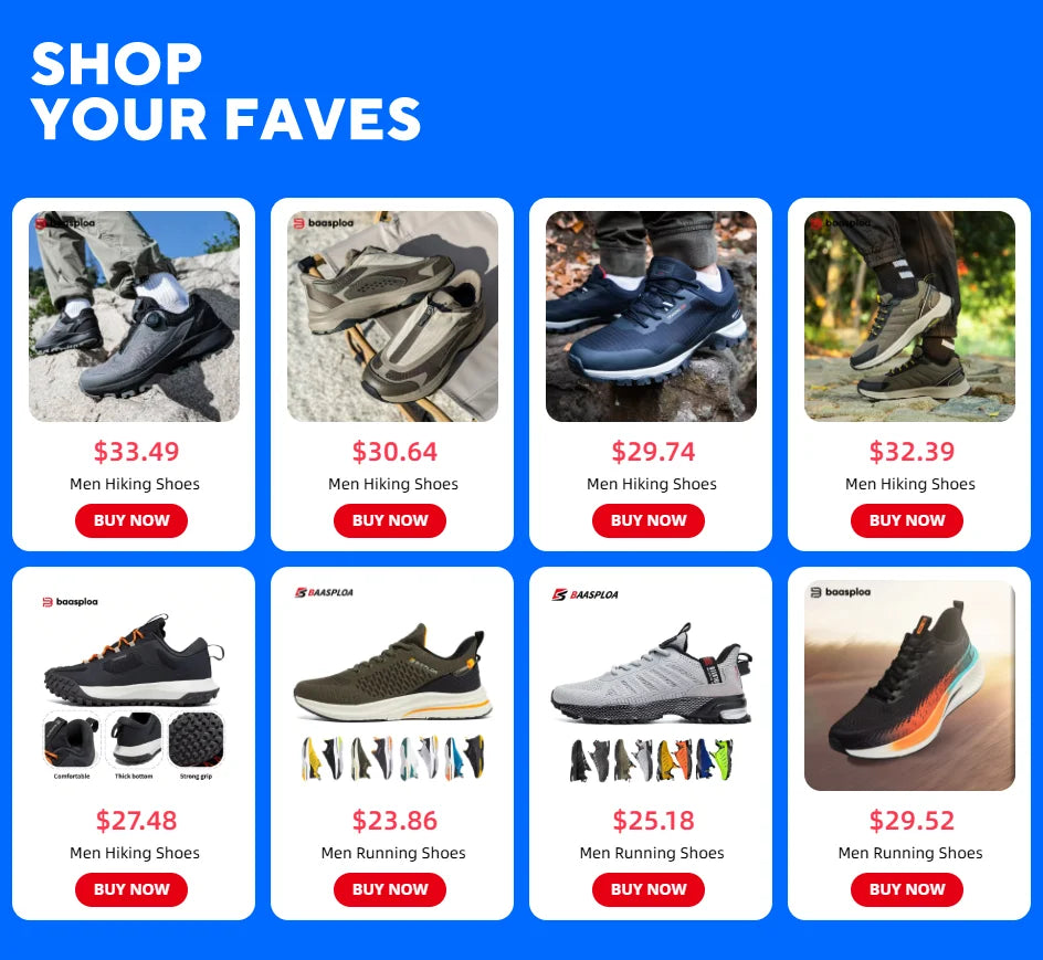 Baasploa Men Hiking Sneakers Outdoor Fashion Lightweight Breathable Shoes Male Casual Anti-Skid Wear-Resistant Climbing Shoes