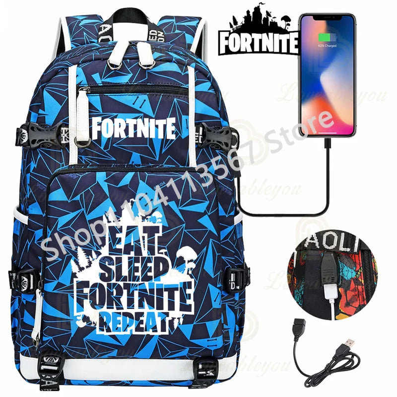 Mochila Yule Trooper F-Fortnited Battle Royale com carregamento USB, figuras anime e compartimento para material escolar para estudantes