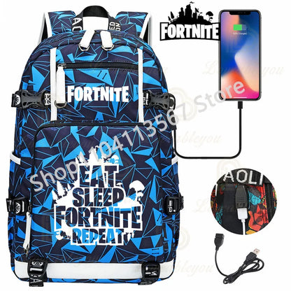 Mochila Yule Trooper F-Fortnited Battle Royale com carregamento USB, figuras anime e compartimento para material escolar para estudantes