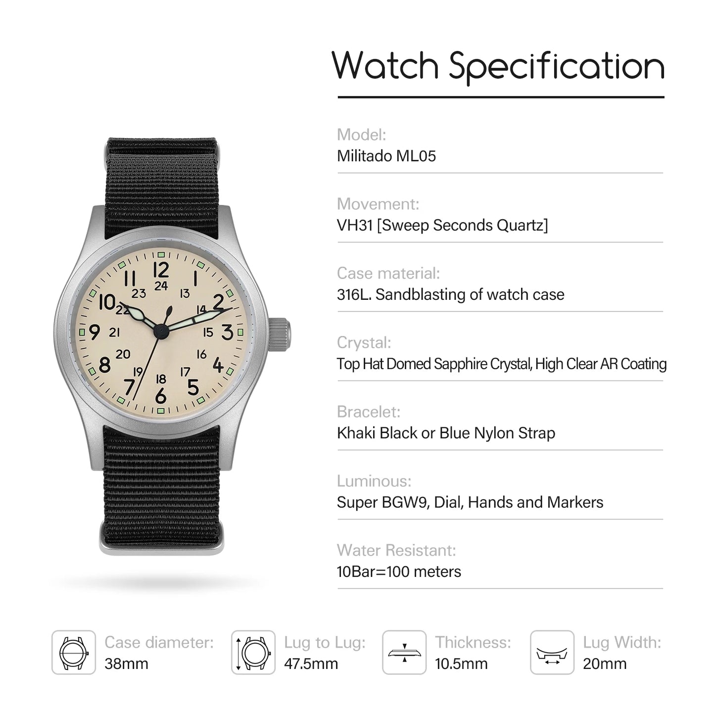 Militado ML05 Military Watch VH31 Sweep Movement Domed Sapphire Crystal Wristwatch High Clear AR Coating 38mm Vintage Watches