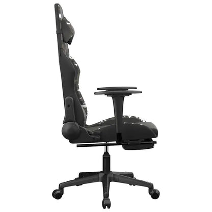 Gaming Chair Massage Footrest Black & Camouflage 67X64X116-127 cm in Imitation Leather, 360° Adjustable Reclining Seat Load Capacity 110 kg