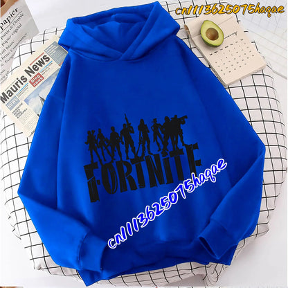 Hoodies infantis Fortnite com estampado do jogo, fato confortável de desenho animado, tops largos de manga comprida, roupa de outono/inverno