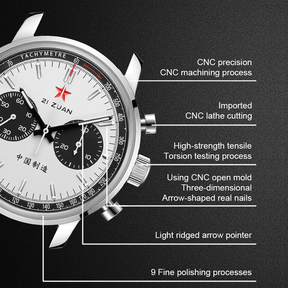 Red Star Panda Men's 1963 Chronograph Mechanical Wristwatch Seagull ST1901 Movement Gooseneck 40mm Luminous Sapphire Pilot Watch