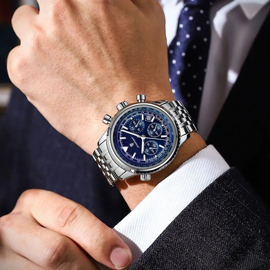 POEDAGAR: reloj militar para hombre, resistente al agua, luminiscente, con fecha y cronógrafo; reloj de lujo de acero inoxidable para hombre, con mecanismo de cuarzo.