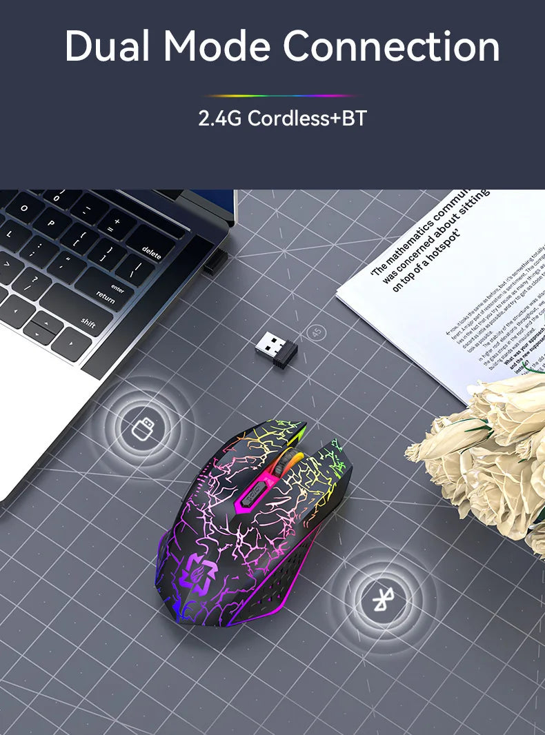 Ratón inalámbrico Bluetooth 2.4GHz recargable con retroiluminación RGB, 1600 DPI, diseño ergonómico, ratón gaming para PC, portátil y Macbook