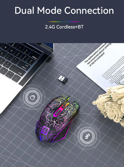 Ratón inalámbrico Bluetooth 2.4GHz recargable con retroiluminación RGB, 1600 DPI, diseño ergonómico, ratón gaming para PC, portátil y Macbook