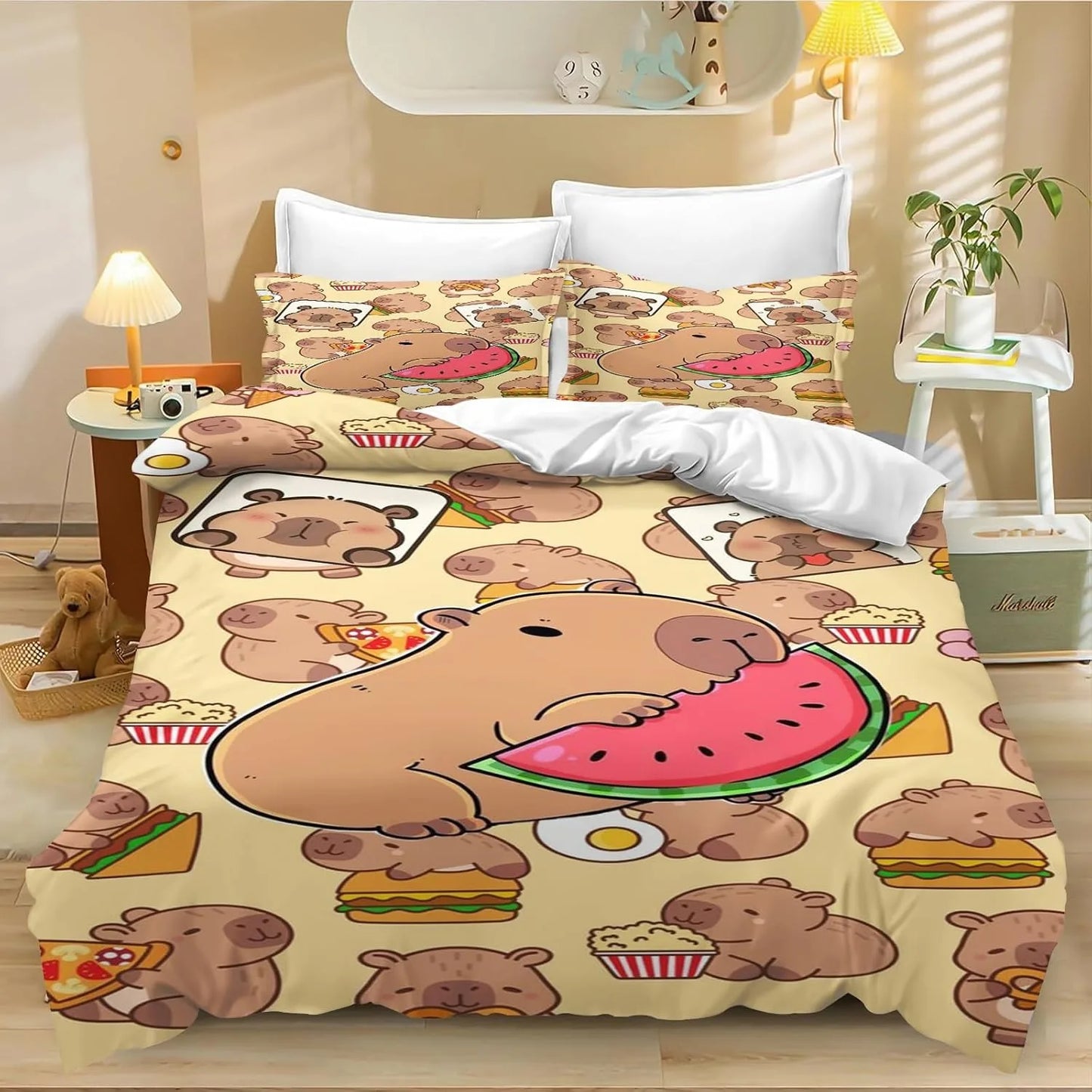 4-teiliges Cartoon-Capybara-Bettwäsche-Set mit Bettbezug und Kissenbezug, Capybara-Bettwäsche für Erwachsene, Jungen und Mädchen, Schlafzimmerdekoration für Kinder, Einzel- und Doppelgröße