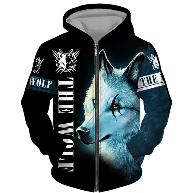 Sweat à capuz com fecho e estampado 3D de lobo, estilo streetwear, para homem/mulher, casaco com capuz unissexo casual hip-hop