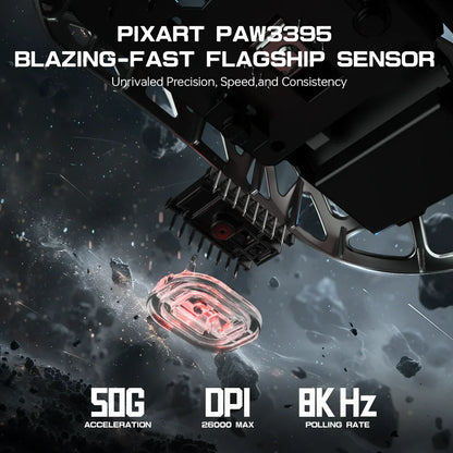 Rato Gaming ATTACK SHARK R3 em liga de magnésio 8K SUPERLIGHT 8000Hz, 6 níveis de DPI ajustáveis até 26000, PAW3395, BT/2.4G sem fios/com fios