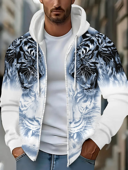 Sweatshirt com capuz e fecho para homem 2025, manga comprida, gráfico de tigre, estilo casual outdoor, com cordão e bolsos