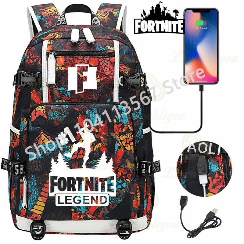 Mochila Yule Trooper F-Fortnited Battle Royale com carregamento USB, figuras anime e compartimento para material escolar para estudantes